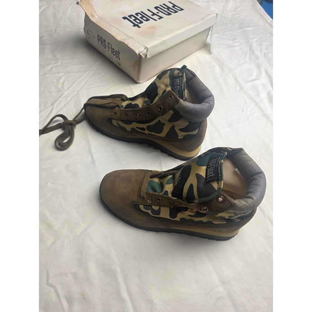 Pro-Fleet Hiking Boots Mens 5.5 Green Camo NOS Vintage Suede Canvas 1689